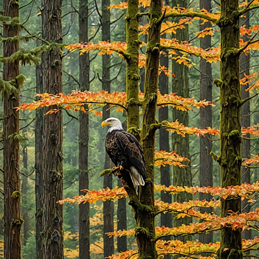 Bald Eagle in Mossy Autumn Forest Scene
