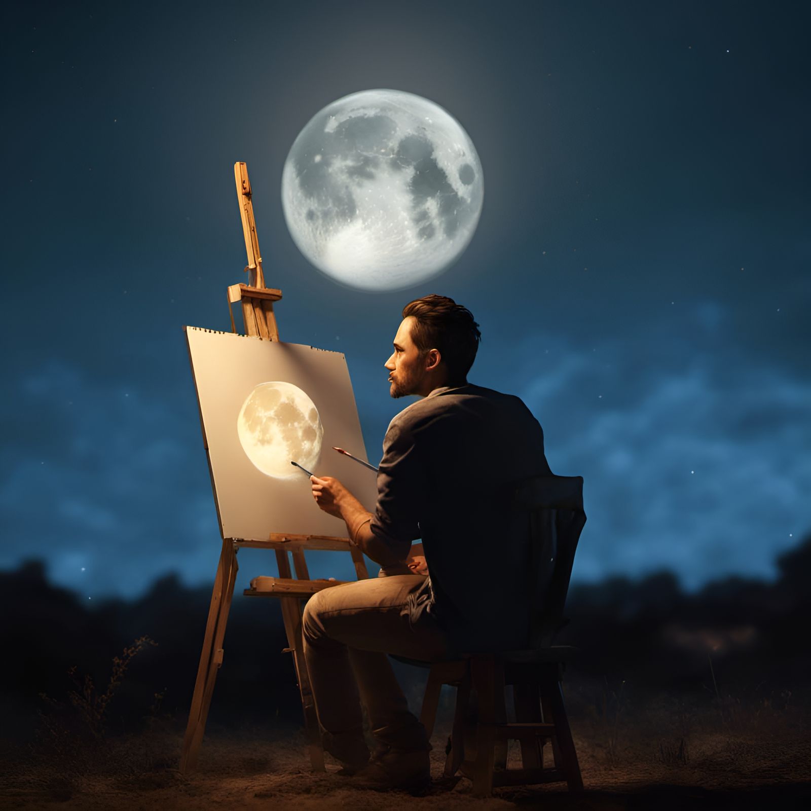 A portrait of a man looking up at a full moon in the sky as he sits at his easel and paints the MOON intricate details, ...
