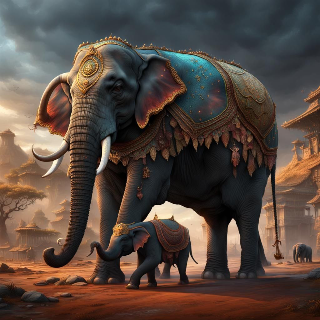 Elephants Helping an Injured Elephant: Detailed Matte Painti...