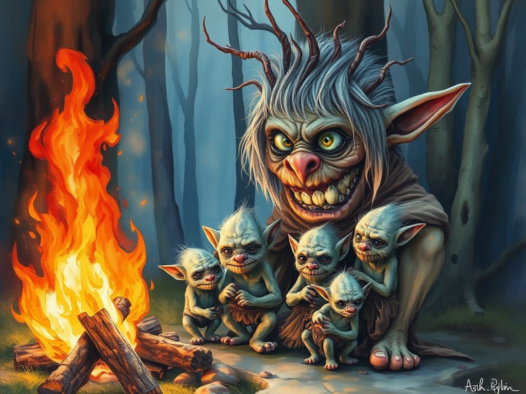 Mystical Troll Family in Gouache and Watercolor