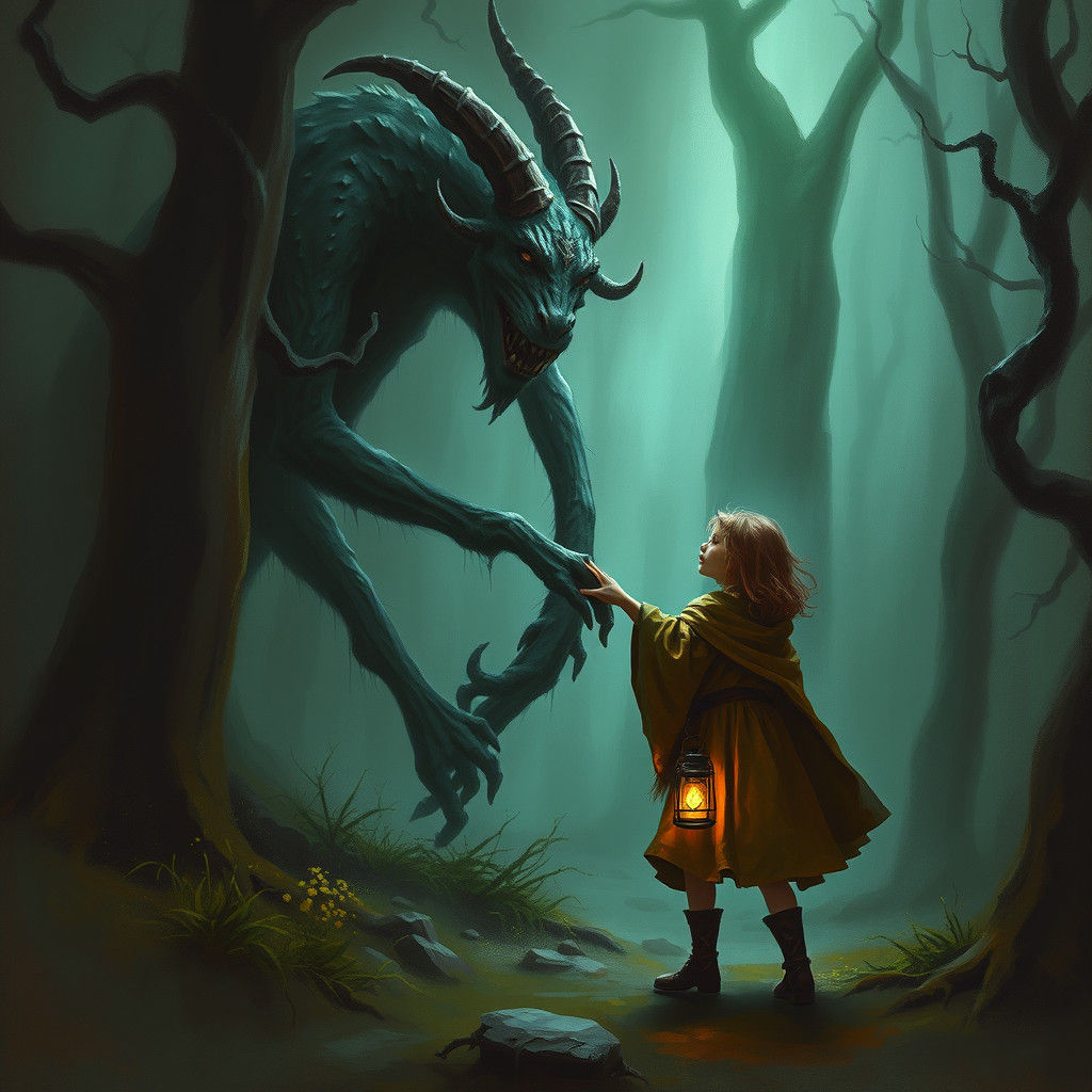 Girl Befriends Monster in Dark Fantasy Forest