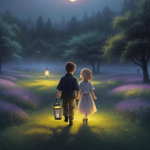 Children Seek Magic in Misty Moonlit Meadow
