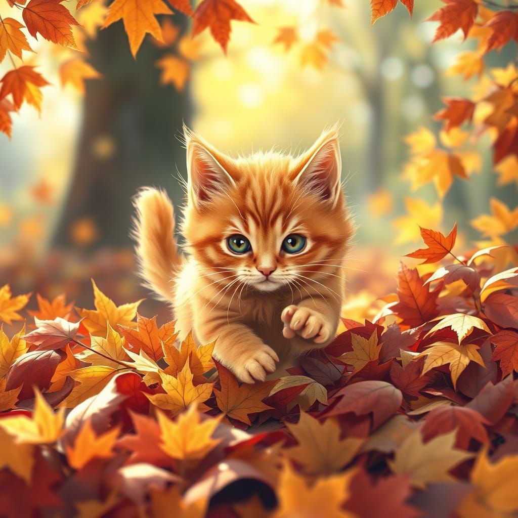 Cute Fluffy Kitten Playing in Autumn Leaves