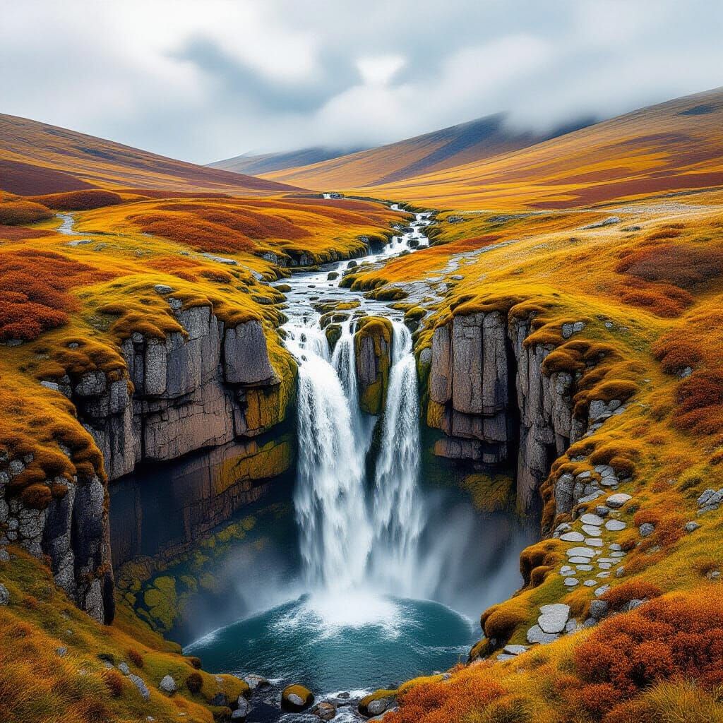 Surreal Autumn Waterfall in Escher Klimt Fusion Style