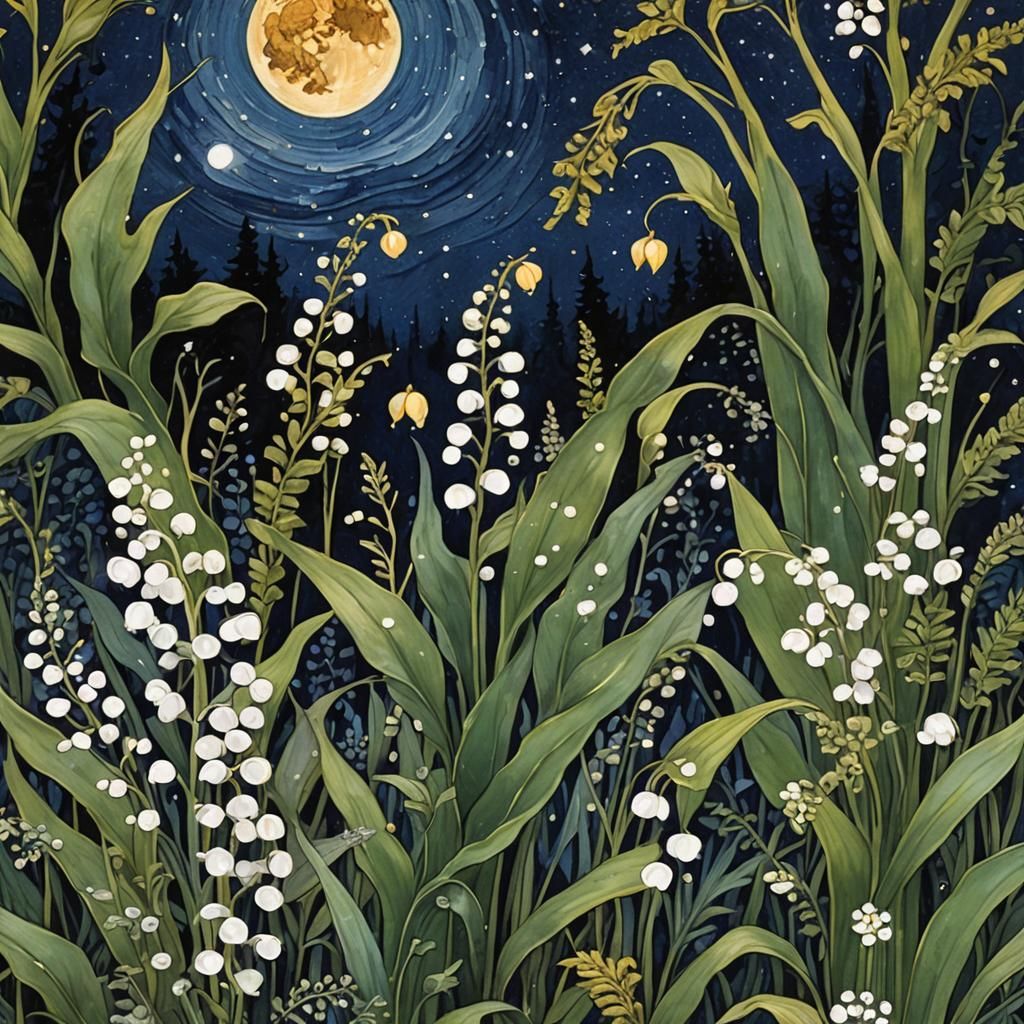 art nouveau lily of the valley and ferns in the forest under...