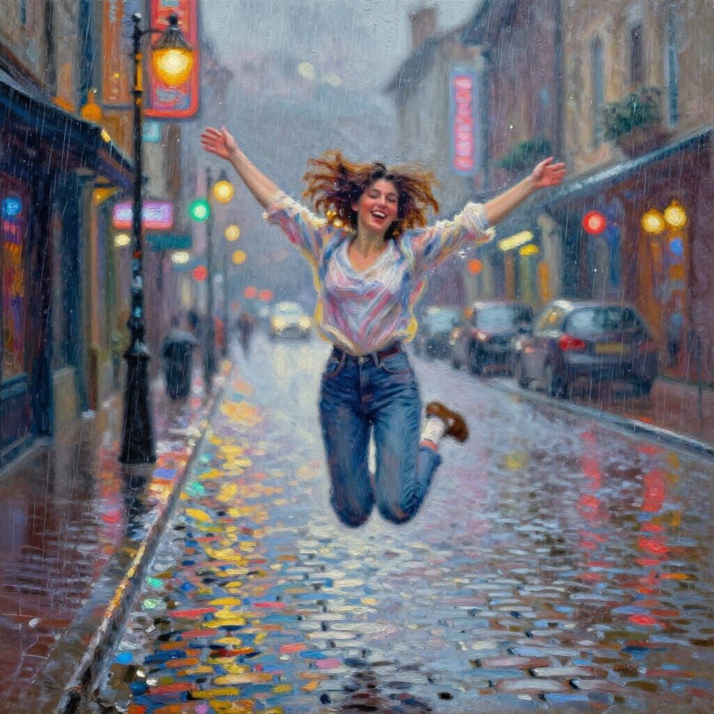 Joyful Woman Dancing in Dazzling Rainy Street