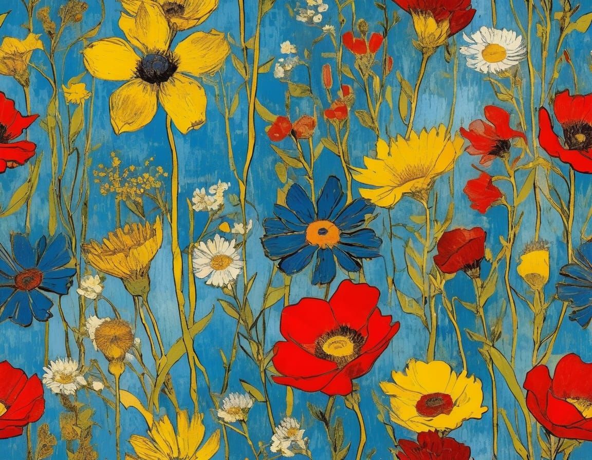 Grunge Spring Wildflowers in Vibrant Impasto
