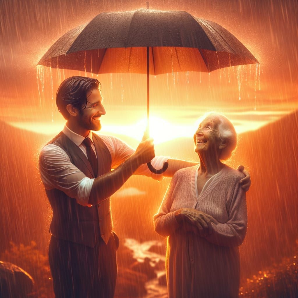 Sunset Kindness: Man Shields Woman in Magical Downpour