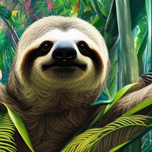 Happy Sloth Portrait in Jungle, Hyperrealistic Digital Art