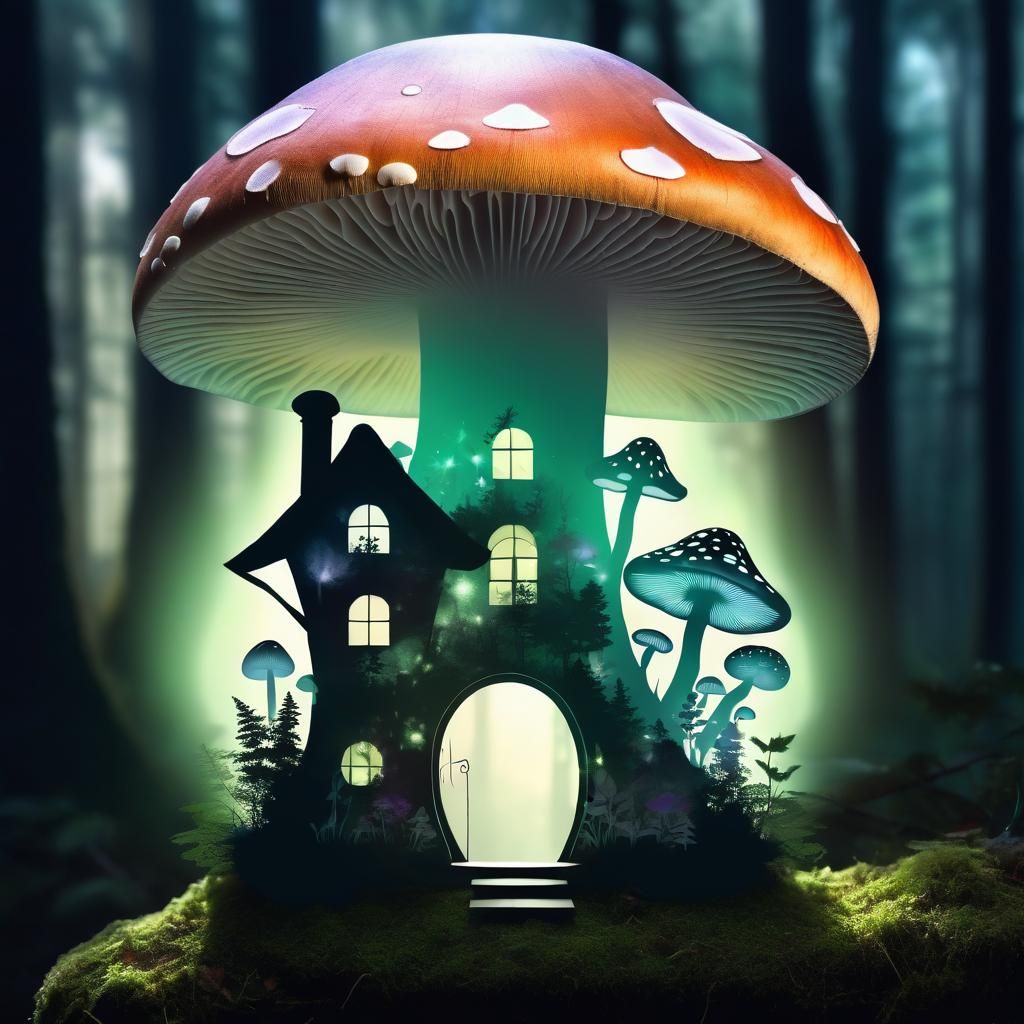 Mushroom House in Fairy Silhouette, Double Exposure Art