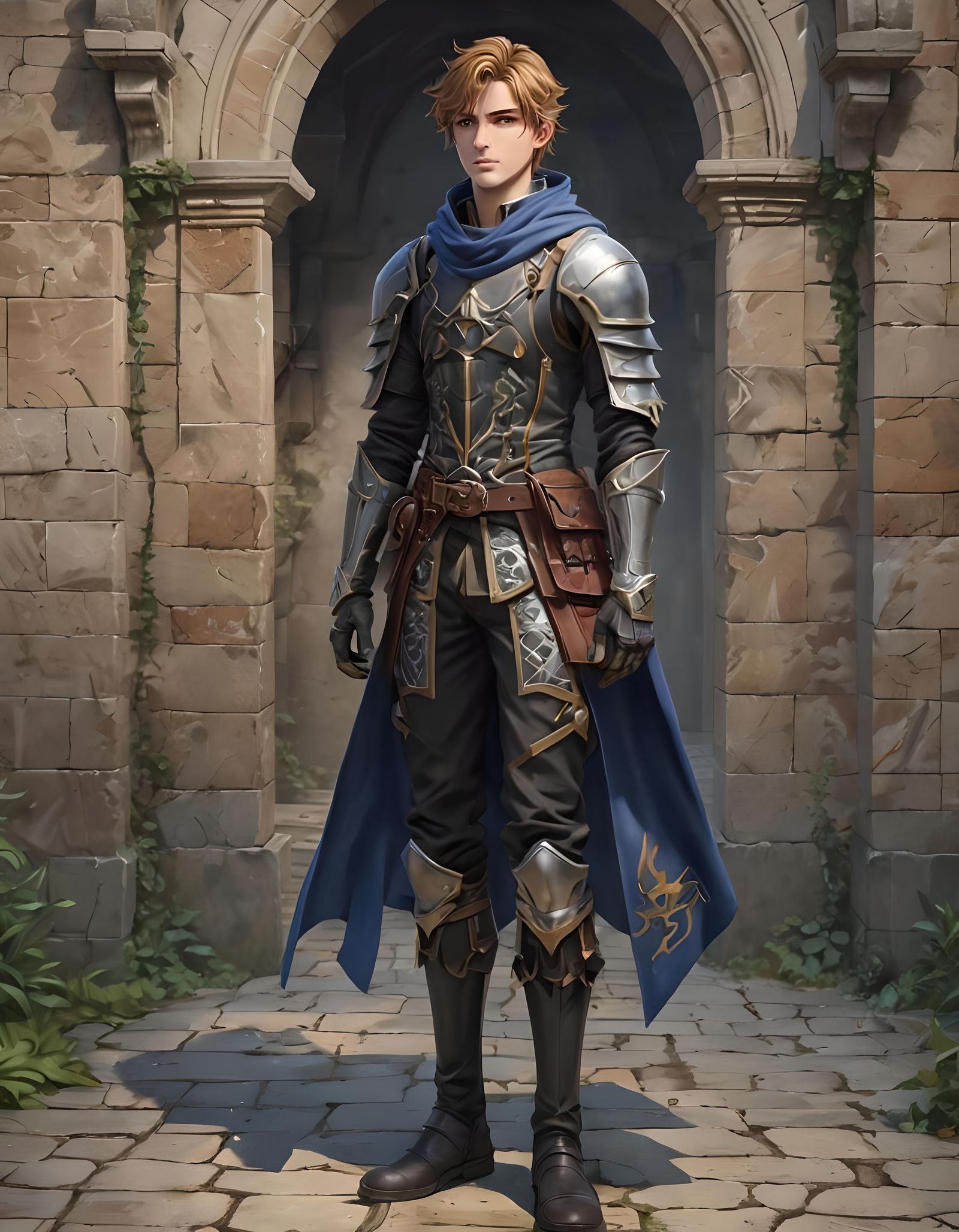 Isekai Anime Adventurer in Flame-Patterned Armor