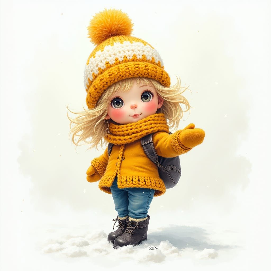 Whimsical Girl with Snowman in Snowy Scene