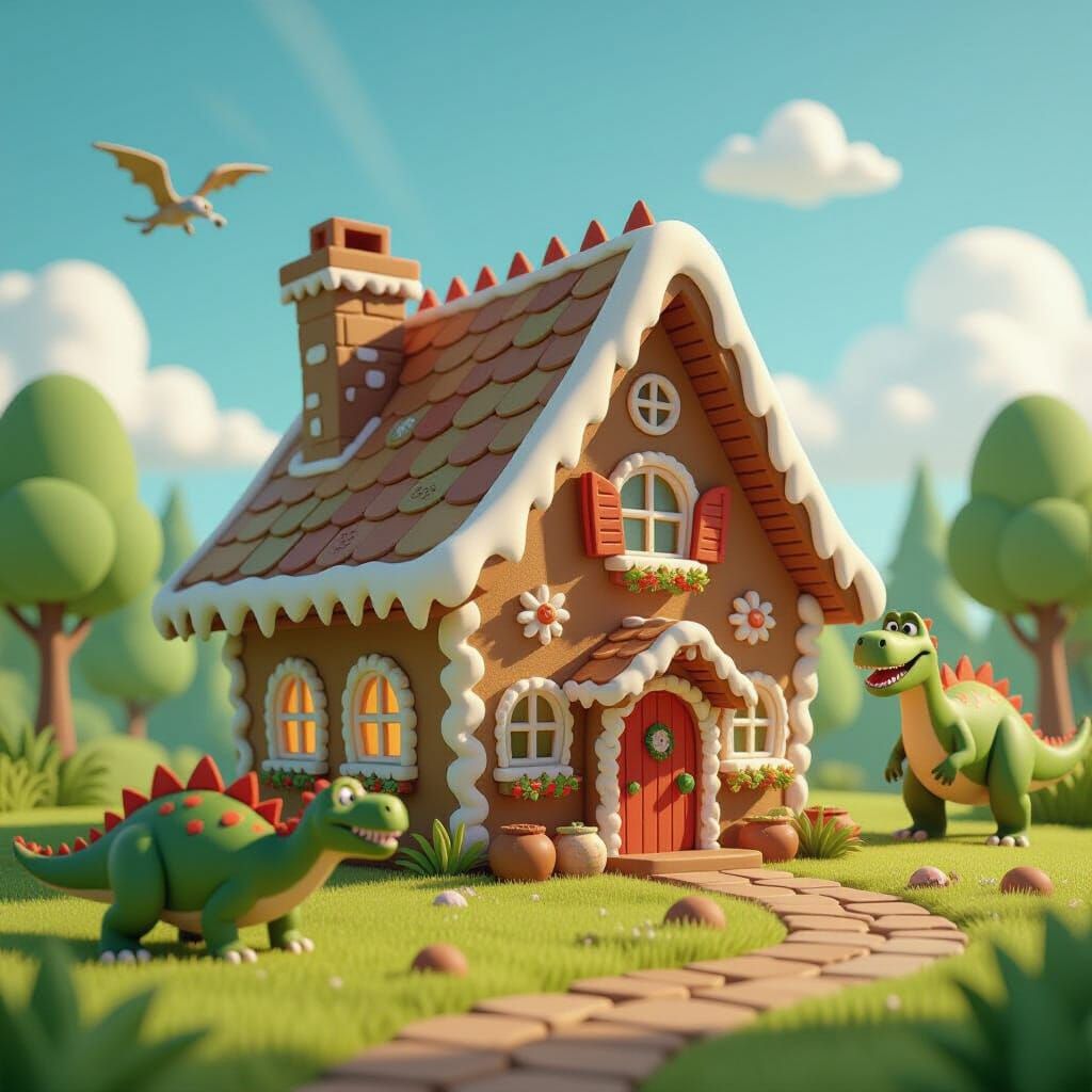 Quirky Stone Age Gingerbread House With Dinosaurs