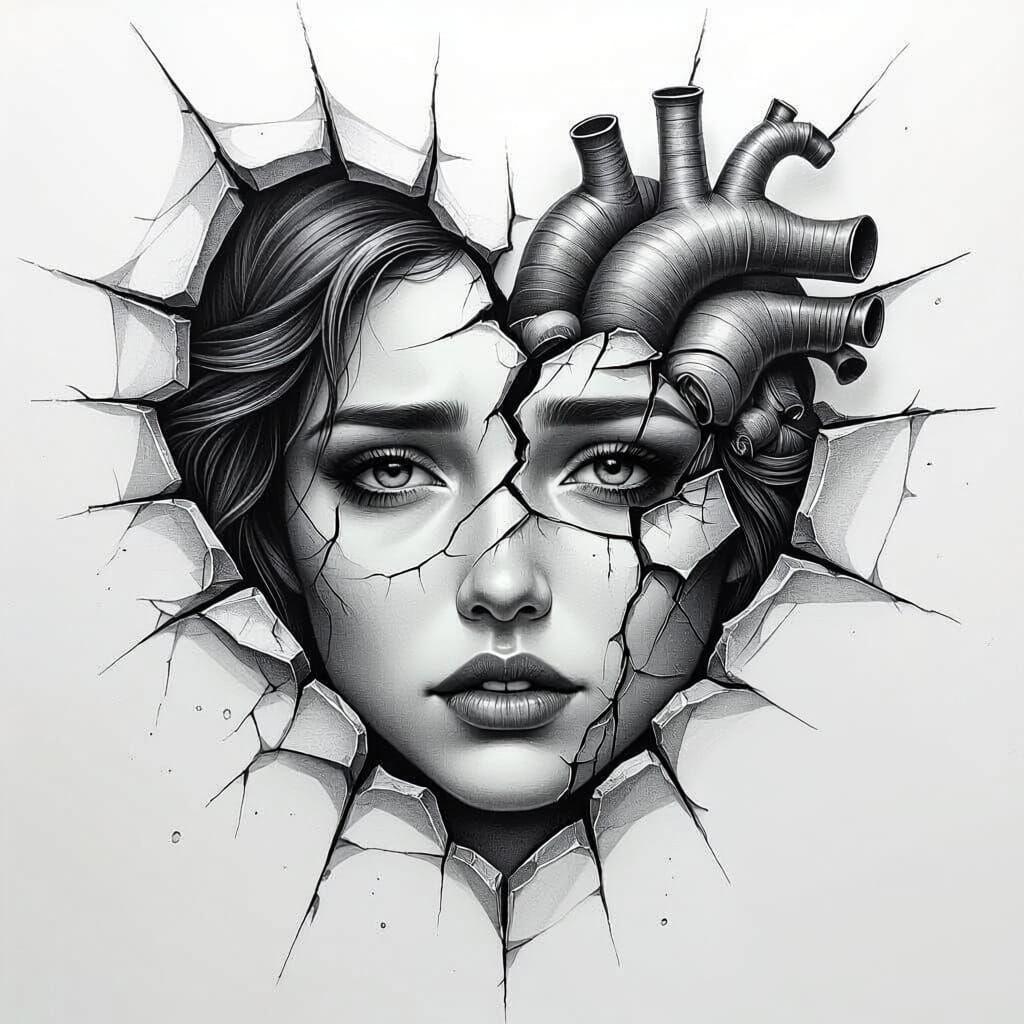 Realistic Pencil Sketch of a Broken Heart