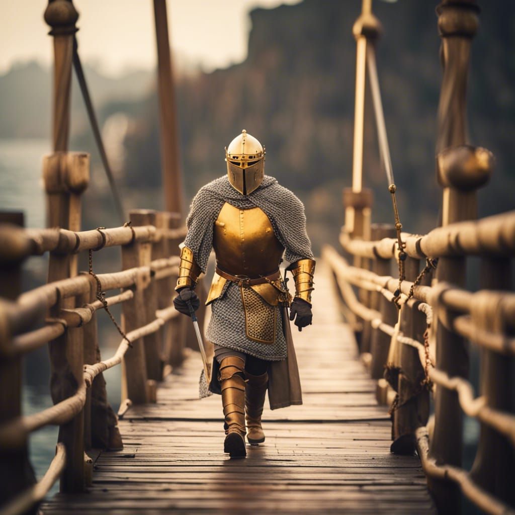 Golden Knight Crossing Bridge in Dark Fantasy Style