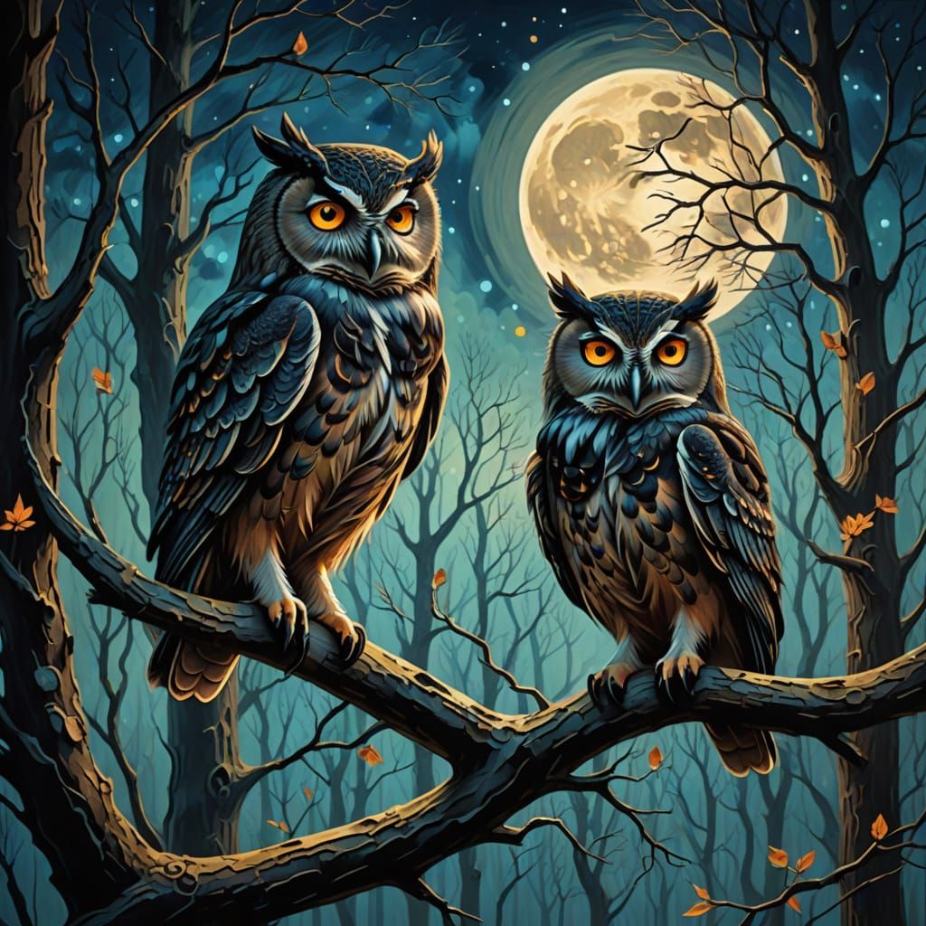 Surreal Owls in Moonlit Forest Oil Painting