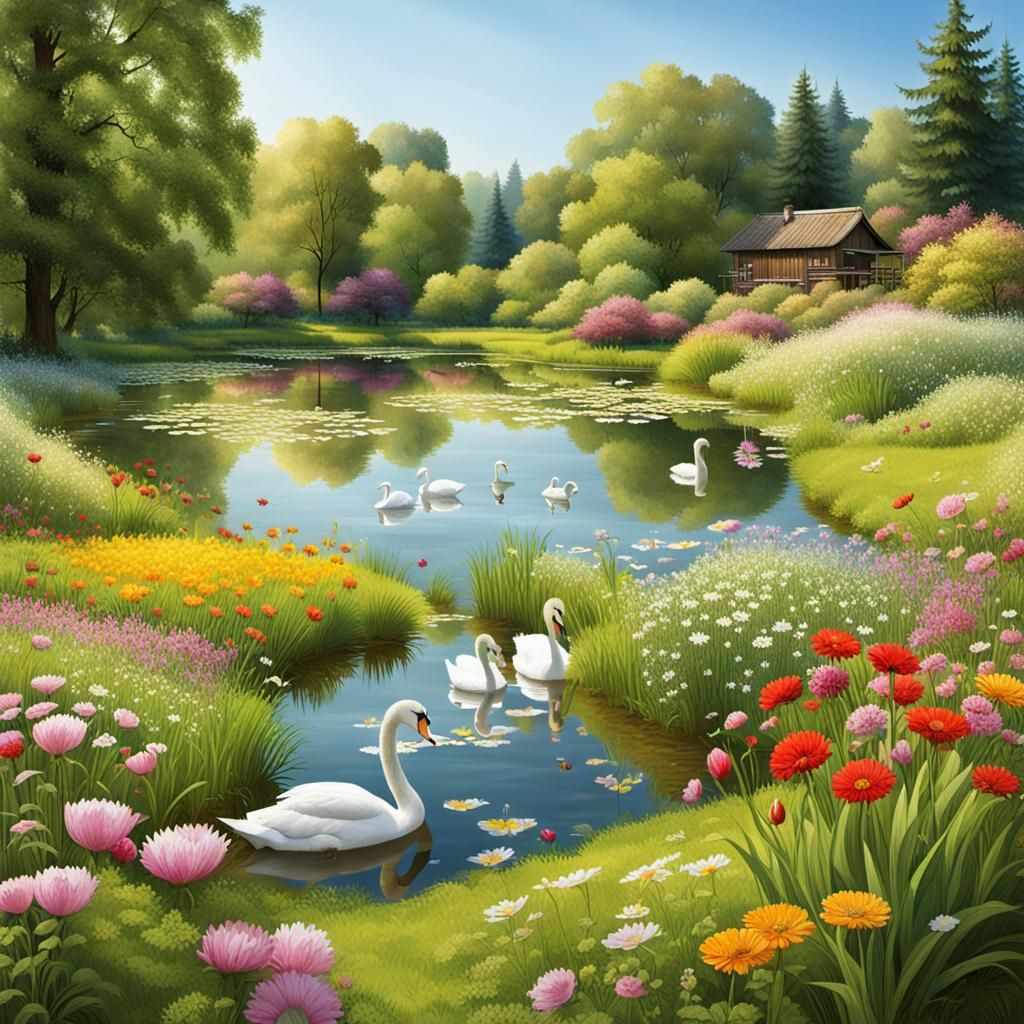 Swans in a Sunny Meadow with Flowers