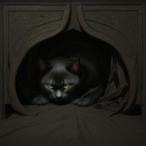 Green-Eyed Black Cat Under Bed: Gothic Horror