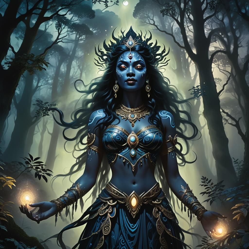 Mystical Dark Goddess Kali Ma in Moonlit Forest