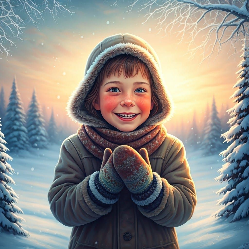 Child's Joyful Encounter with First Snowfall