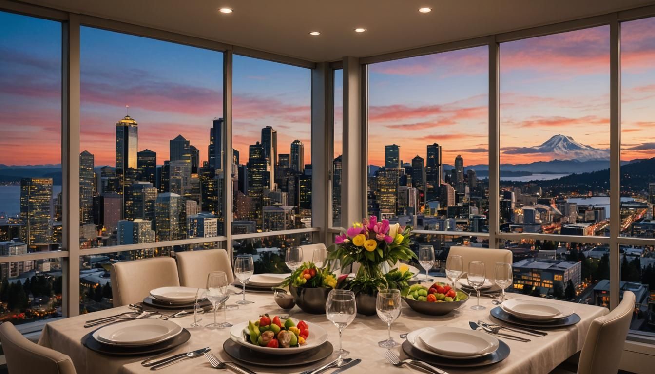 Seattle High-Rise Apartment Dinner Party at Dusk
