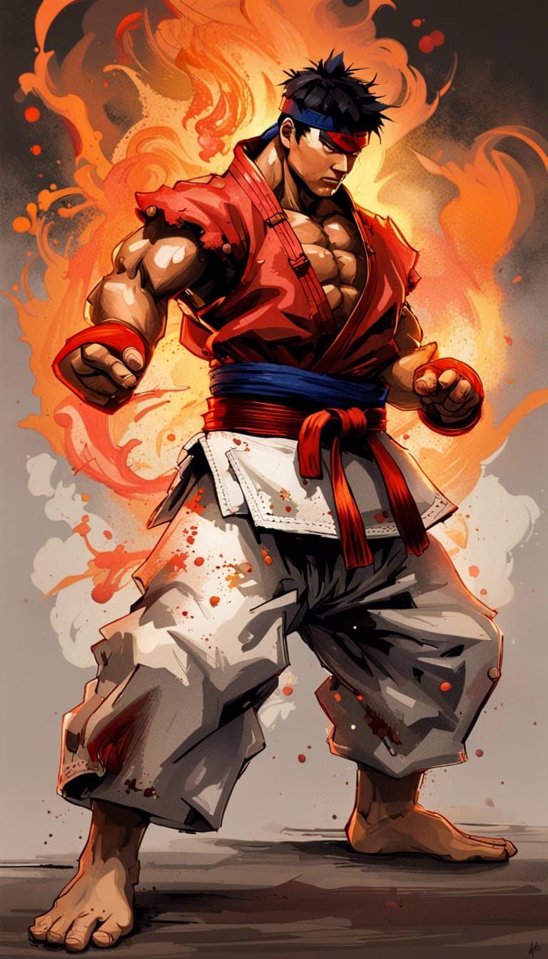 Ryu Hands Aflame: Street Fighter Digital Art