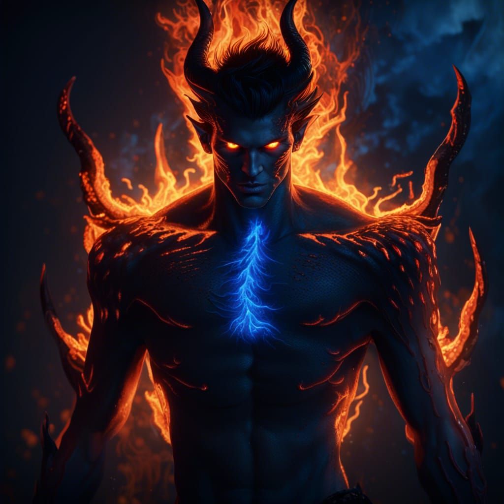 Young Man with Demon Shadow in Blue Flames