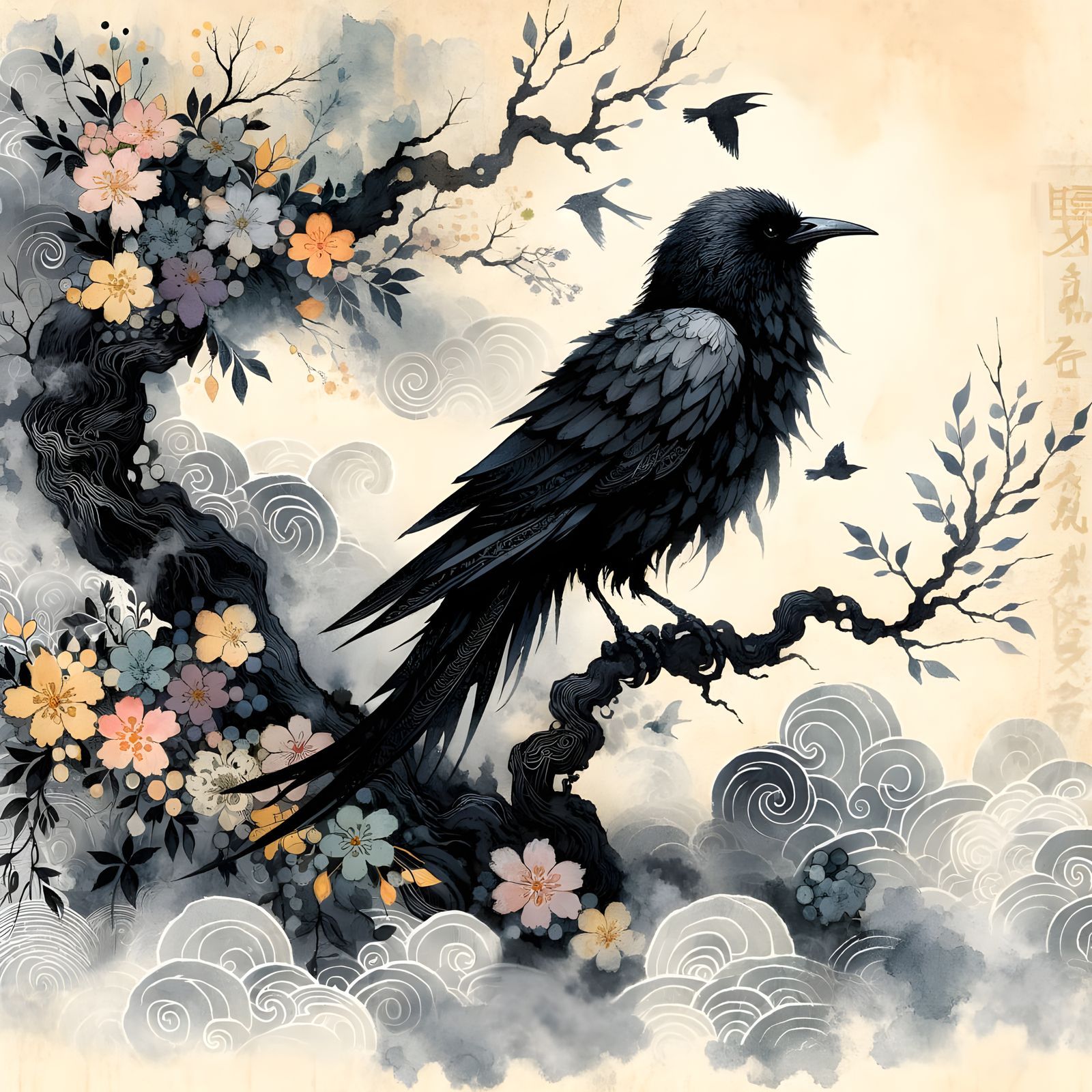 Ethereal Watercolor Blackbird on Flower Tree in Hokusai Styl...