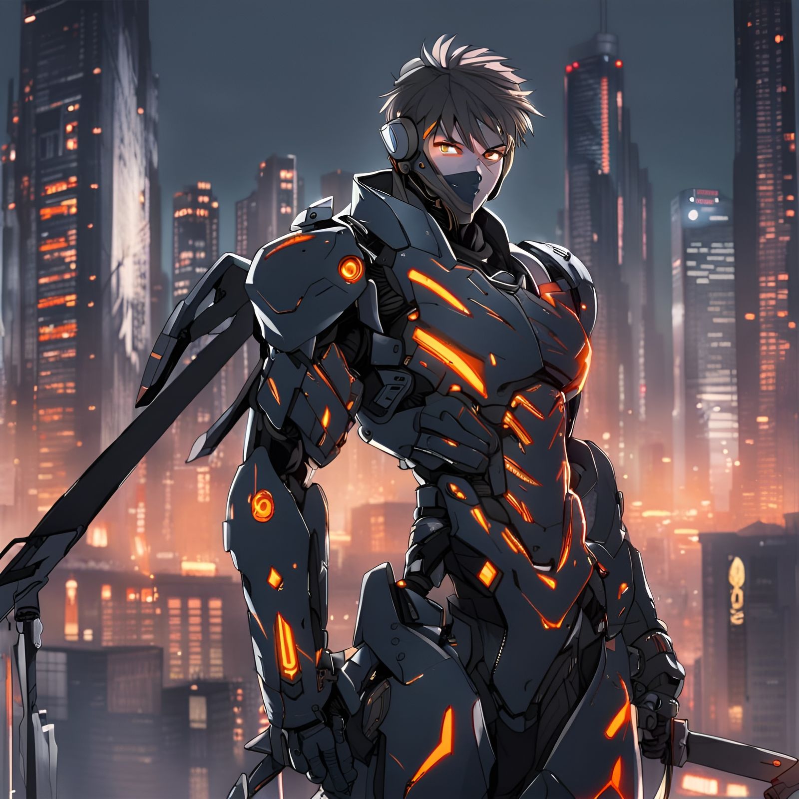 Cyberpunk Cyborg Warrior in Dystopian City