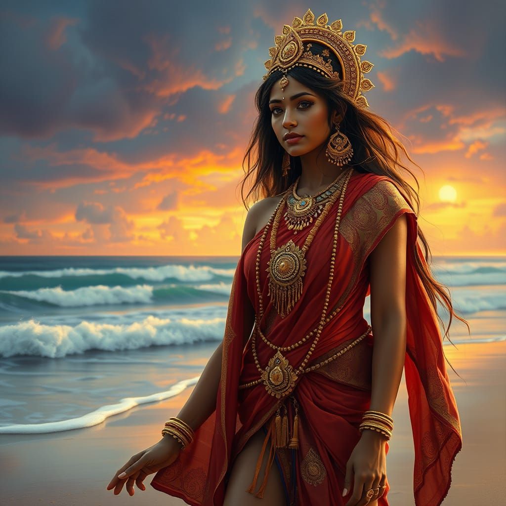 Serene Indian Goddess on Beach in Splash Art Style
