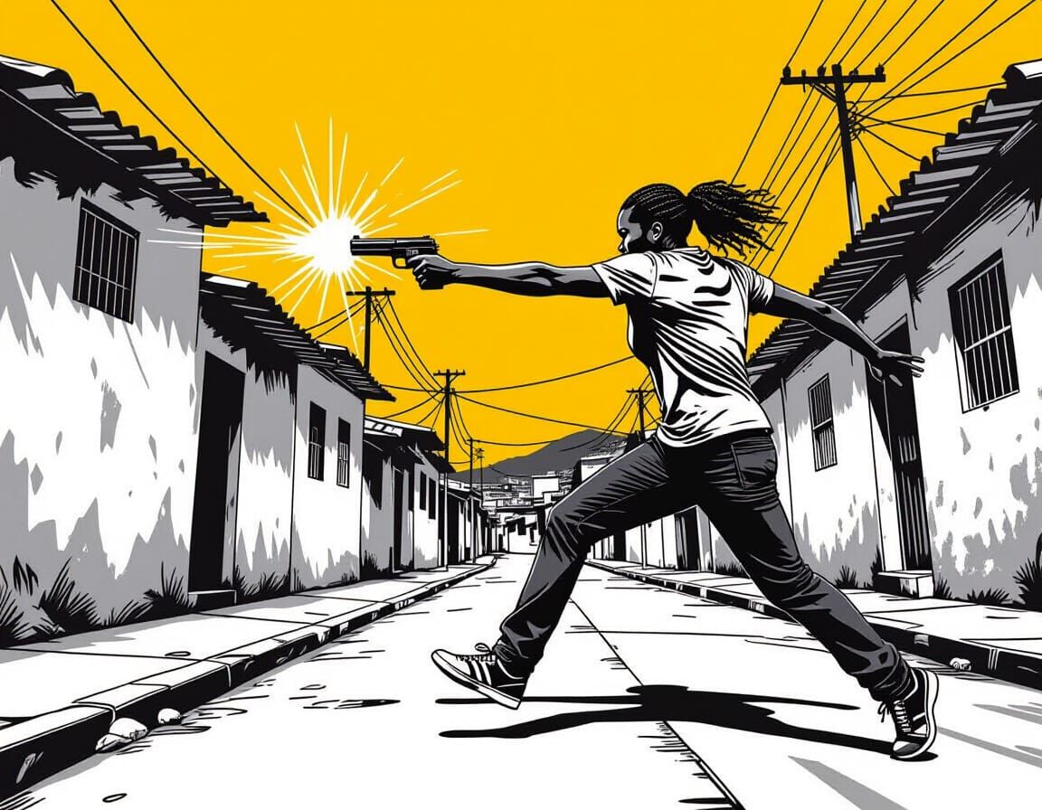Dynamic Pop Art Drawing of Person Dodging Bullet in Brazil F...