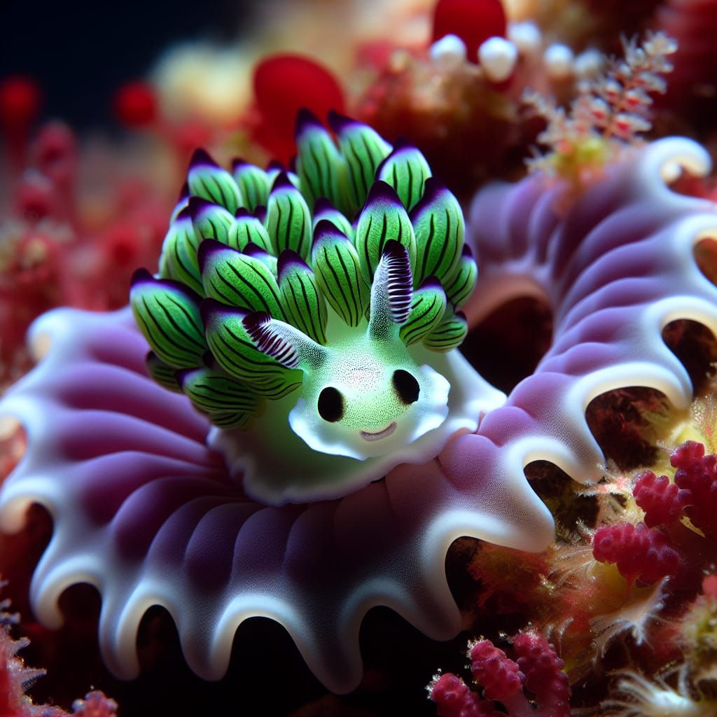 Endearing Leaf Sheep Nudibranch Crawls on Purple Coraline Al...