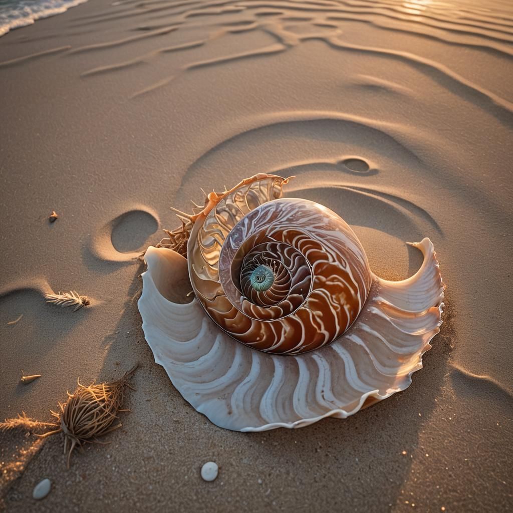Nautilus Shell on Beach at Sunset: Photorealistic Macro