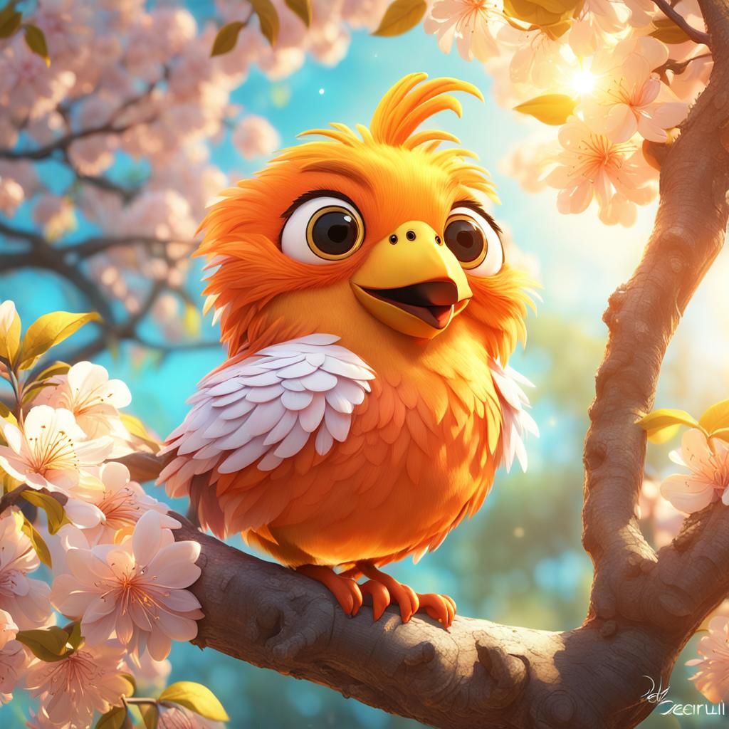 Adorable Orange Bird in Blooming Tree: 3D Digital Art