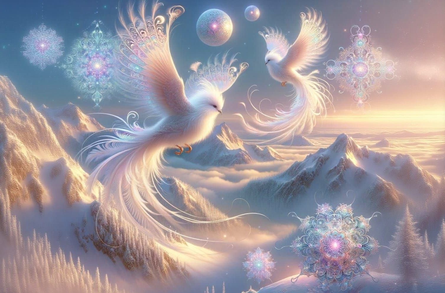 Pearlescent Birds of Paradise Soar Over Snowy Peaks