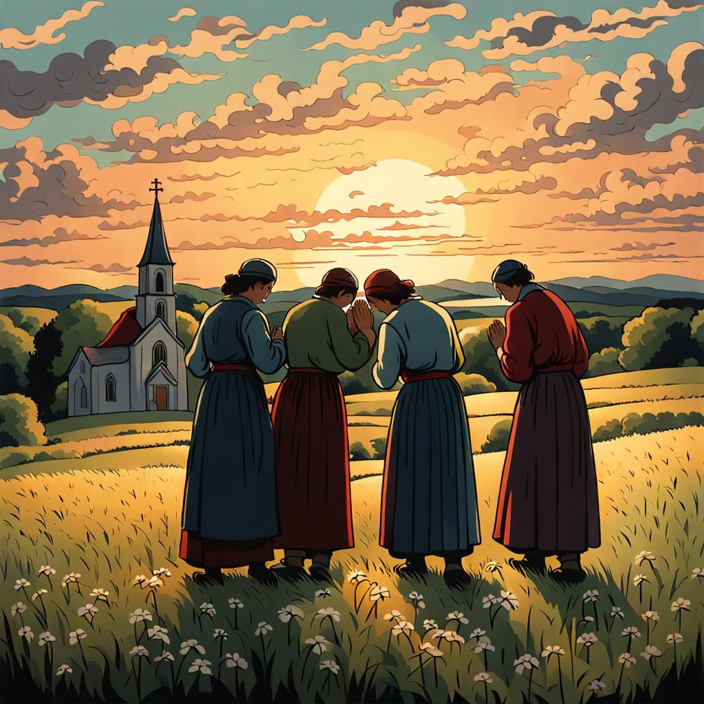 Praying Peasants in Summer Field at Dusk