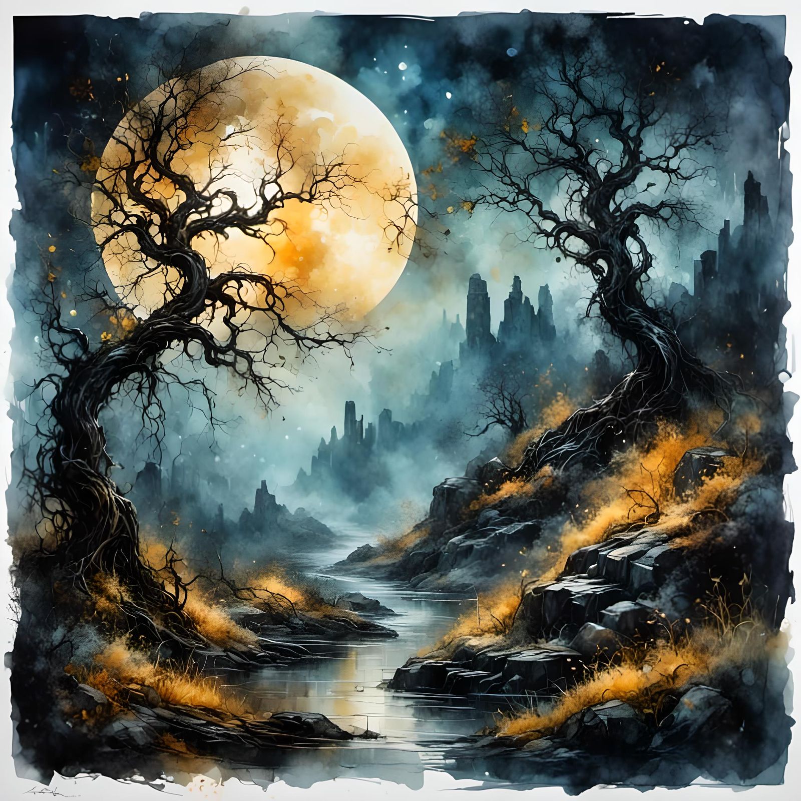 Epic Haunted Landscape in Watercolor Vignette Style