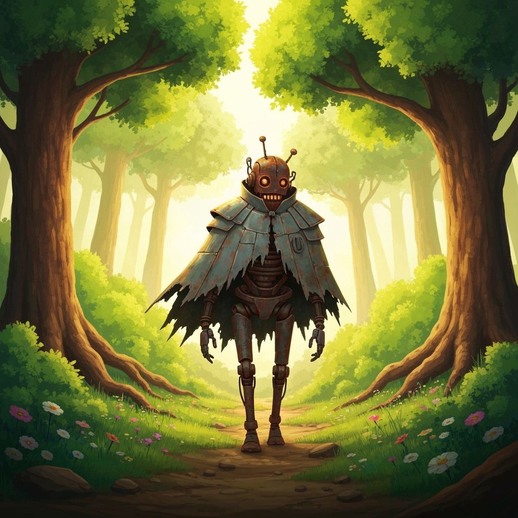 Rusty Robot in Vibrant Forest, Whimsical Style