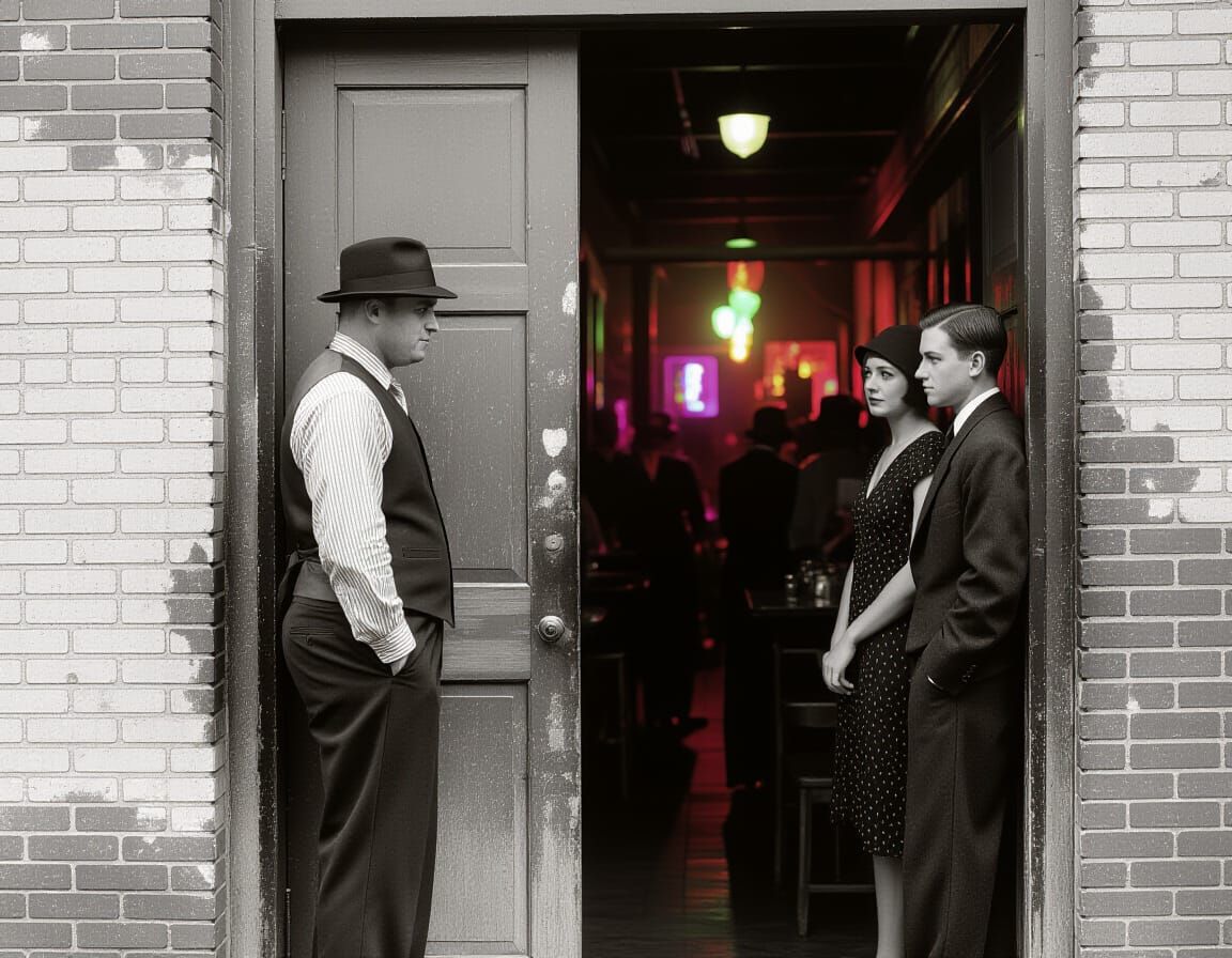 1920s Speakeasy Scene with Bouncer and Couple