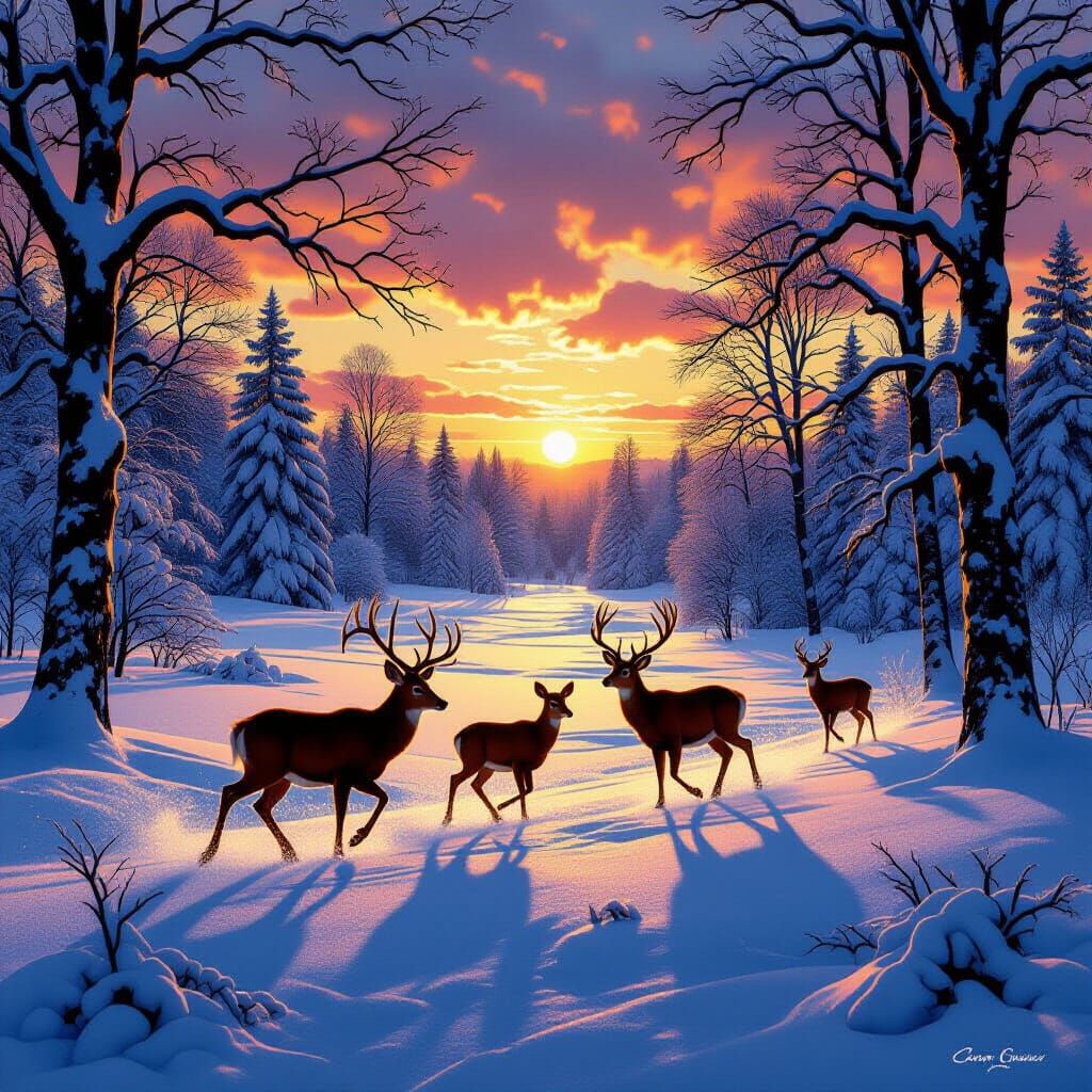 Ominous Winter Landscape with Deer in Golden Hour