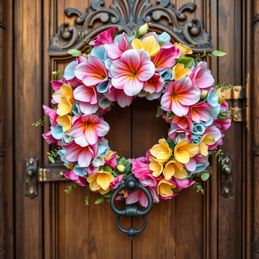 Ethereal Floral Wreath Adorns Ancient Wooden Door in Hyper-R...