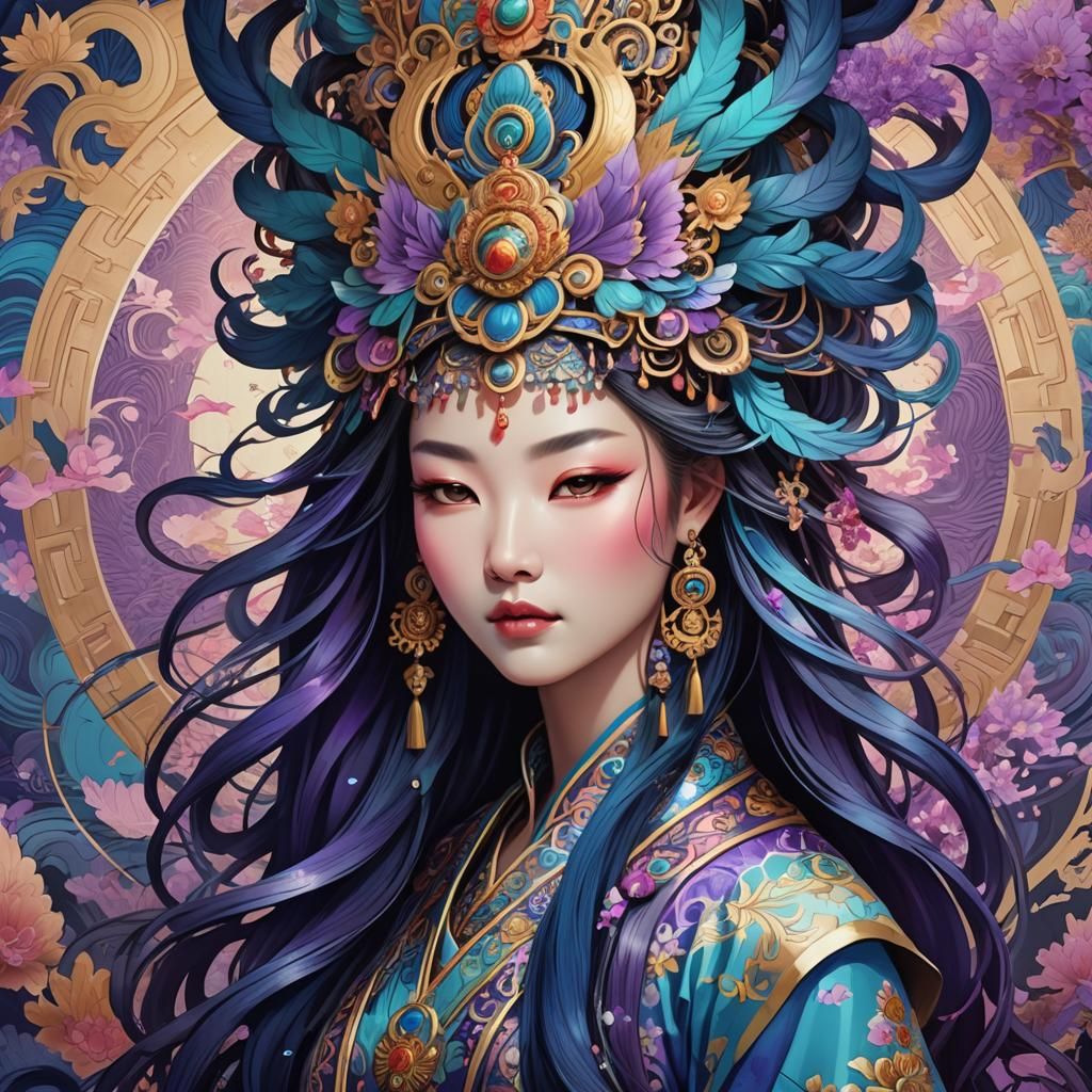 Majestic Chinese Goddess Portrait in Anime Art Nouveau Style