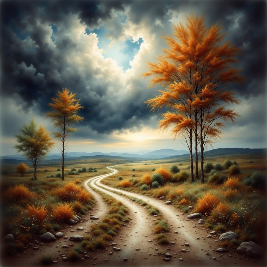 Peaceful Road in Storm Season, Antique Watercolor Style