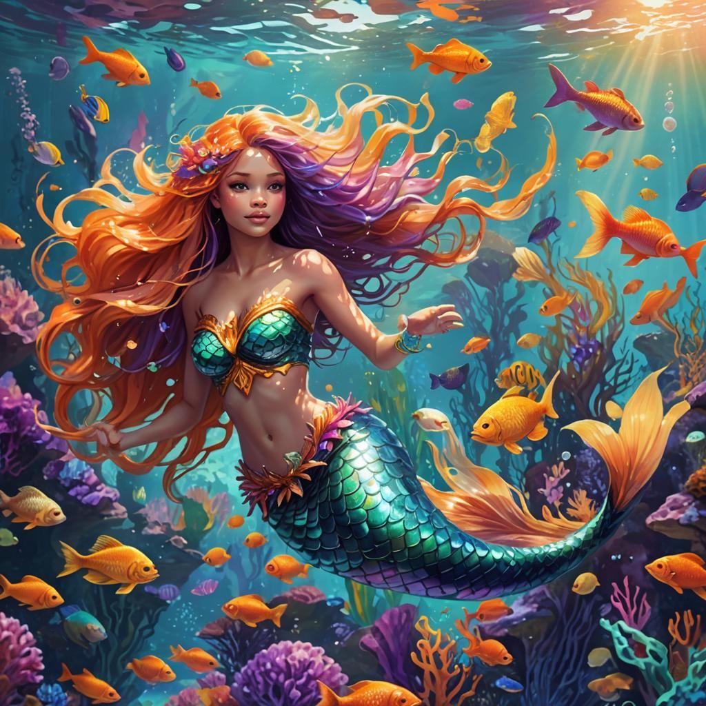 Beautiful Mermaid Swimming in Colorful Sea