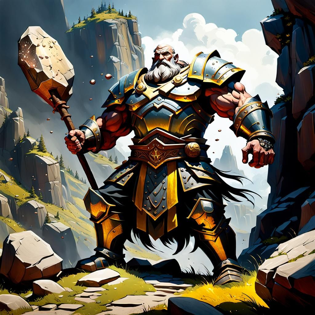 Giant Medieval Warrior Throwing Boulder, Dark Fantasy Art