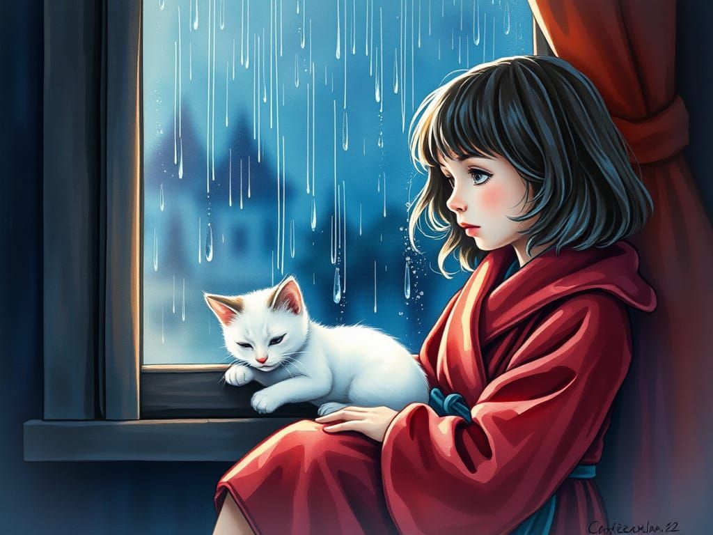 Charming Pastel Watercolor Painting of a Girl and Her Cat in...