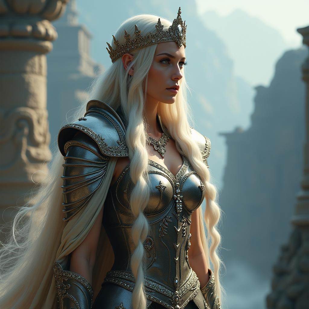 Regal Warrior Queen with Flowing Silver Hair