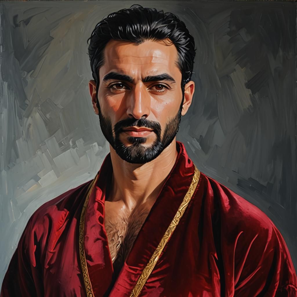 Expressionist Portrait of Man in Red Velvet Bathrobe