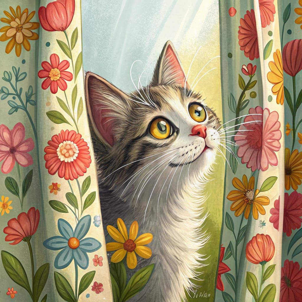 Whimsical Feline Peeking from a Colorful Curtain