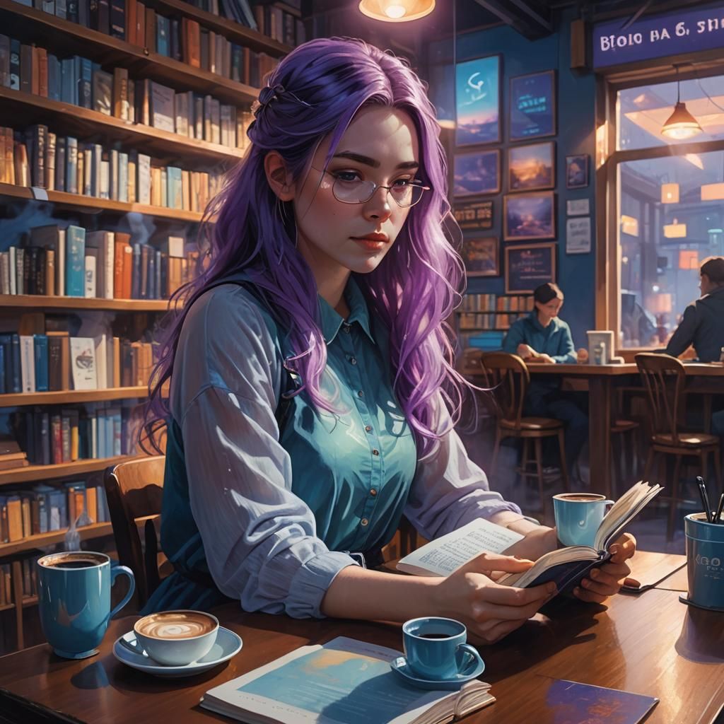 Ethereal Girl Reading in Bookstore Cafe